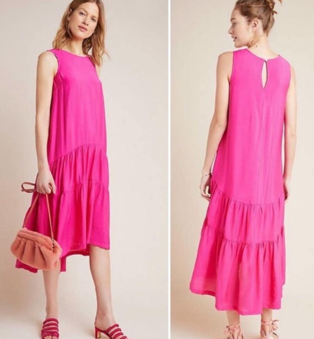 Anthropologie Maeve Marlene Tiered High Low Dress Pink Medium Petite